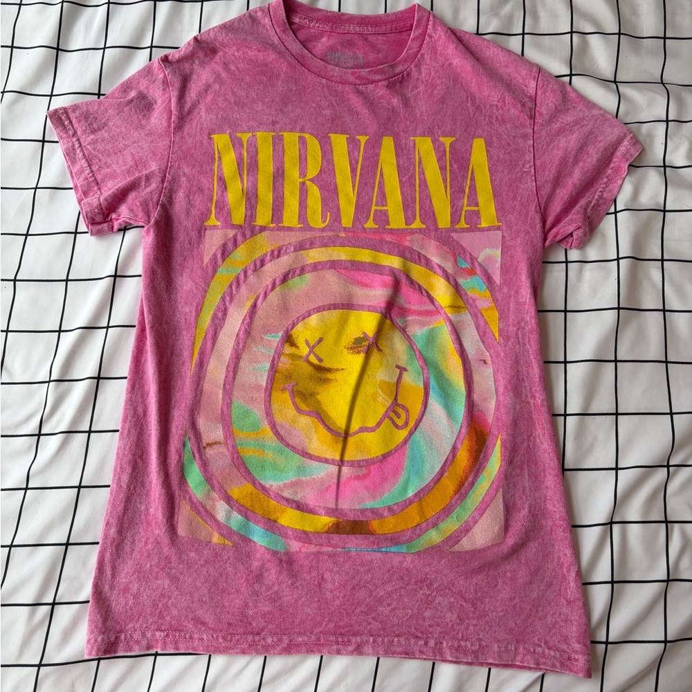 Pink And White Tie-Dyed Nirvana Graphic Tee Shirt, Size Small.